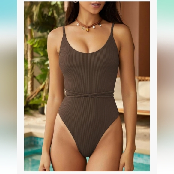 ZAFUL One Piece  Lace Up Tie Back Ribbed Fully Lined Tummy Control Scoop Padded - Picture 3 of 13